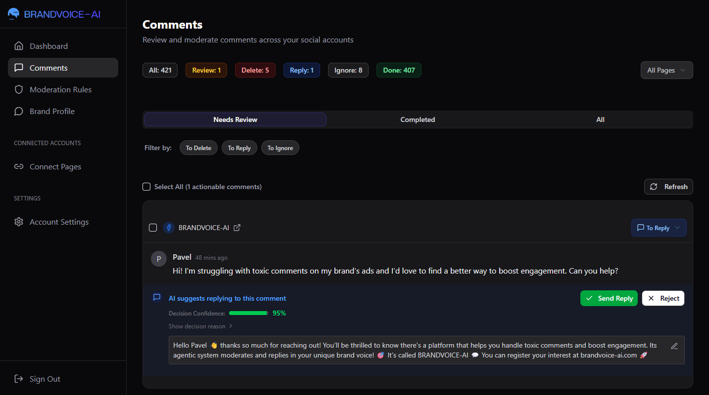 BrandVoice AI Dashboard showing comment moderation and AI responses